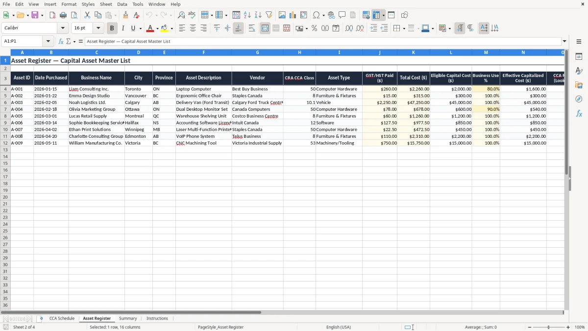 Screenshot 2: Asset Register tab - Excel template cca capital cost allowance schedule excel spreadsheet canada