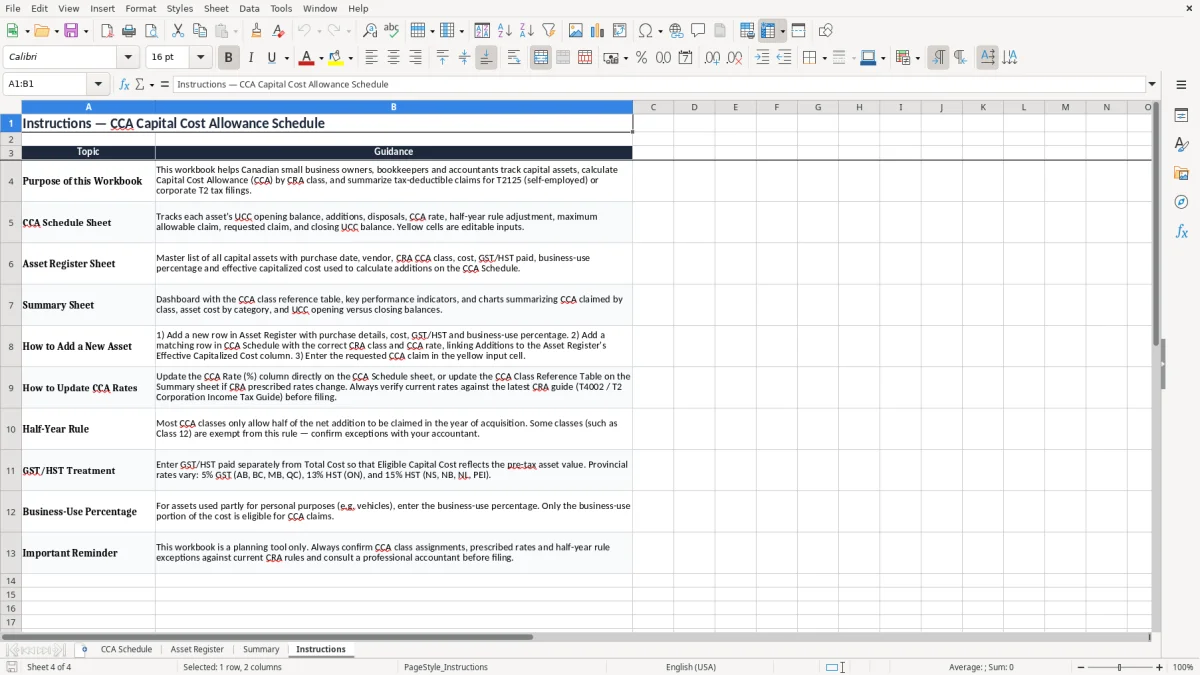 Screenshot 4: Instructions tab - Excel template cca capital cost allowance schedule excel spreadsheet canada