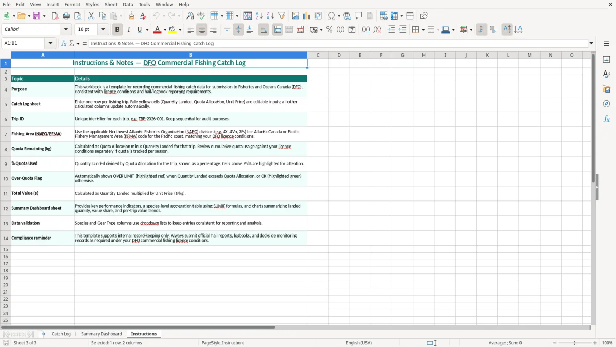 Screenshot 3: Instructions tab - Excel template commercial fishing catch log dfo excel spreadsheet canada
