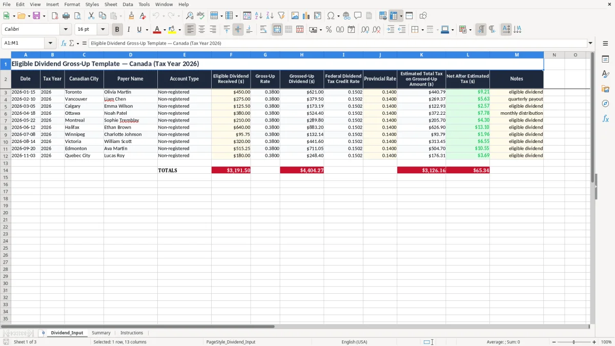 Screenshot 1: Dividend_Input tab - Excel template eligible dividend gross up excel template canada