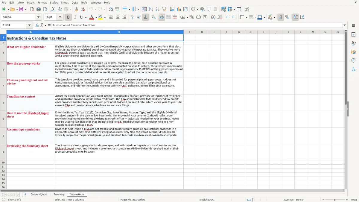 Screenshot 3: Instructions tab - Excel template eligible dividend gross up excel template canada