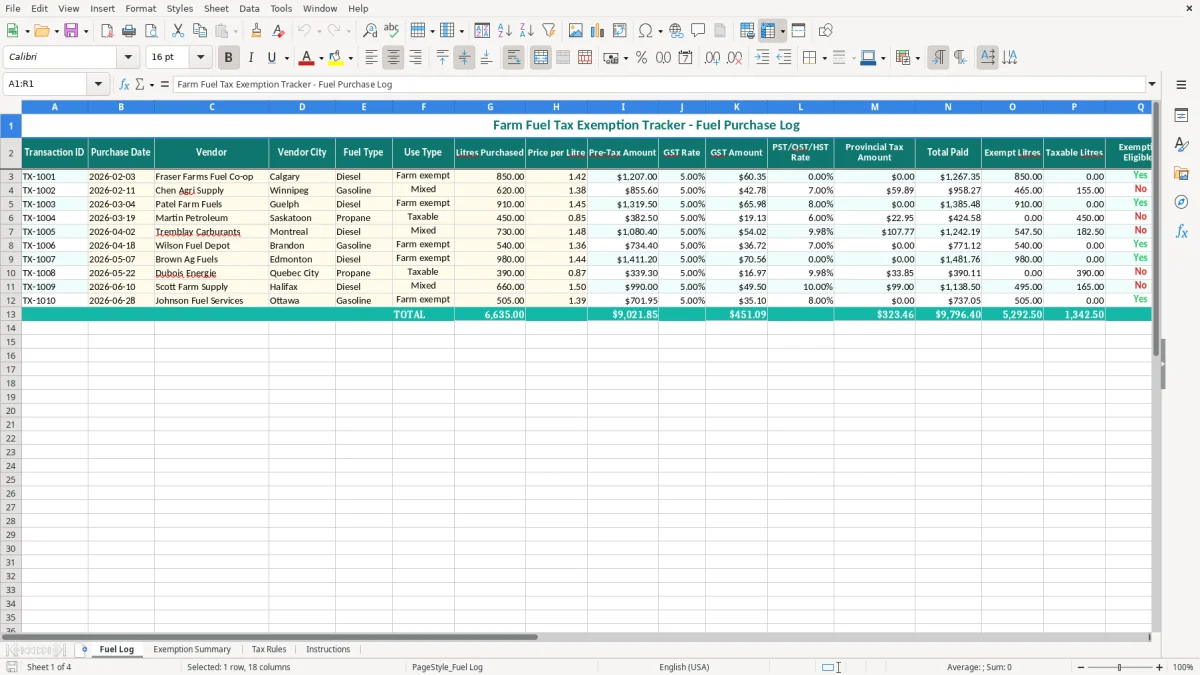 Screenshot 1: Fuel Log tab - Excel template farm fuel tax exemption excel spreadsheet canada