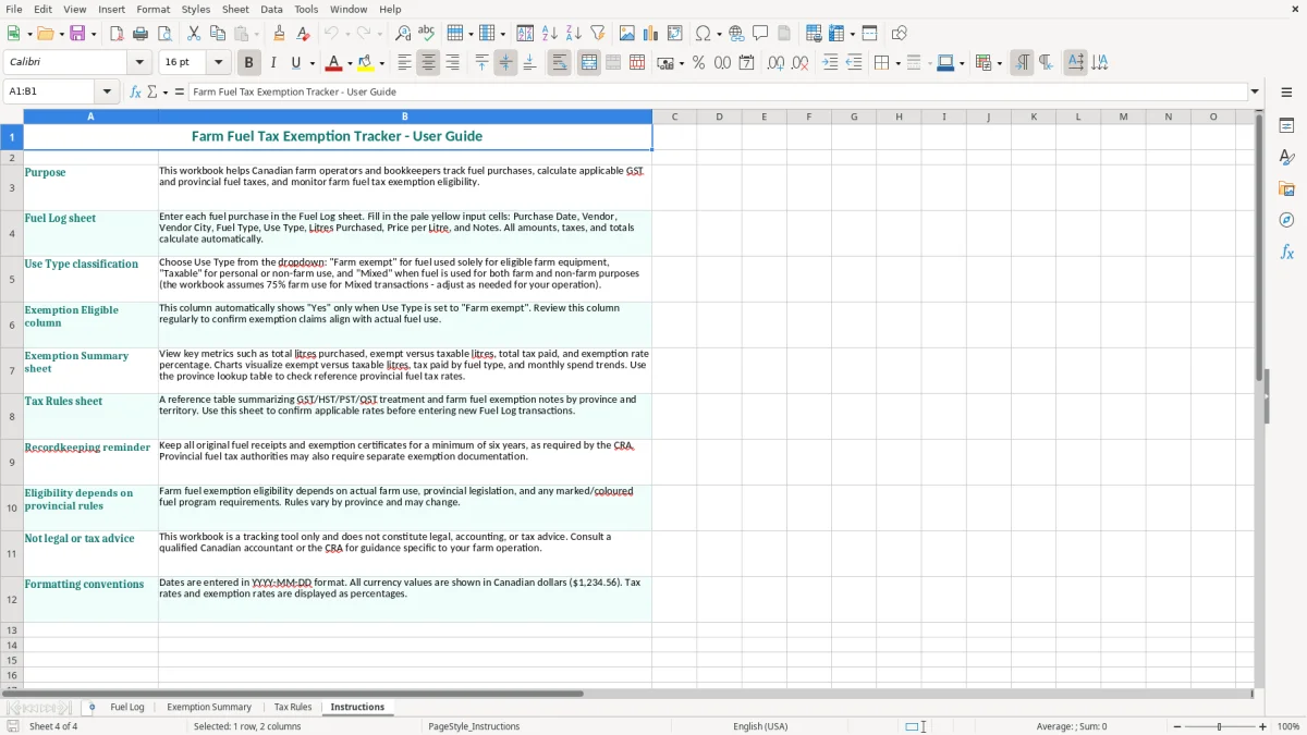 Screenshot 4: Instructions tab - Excel template farm fuel tax exemption excel spreadsheet canada
