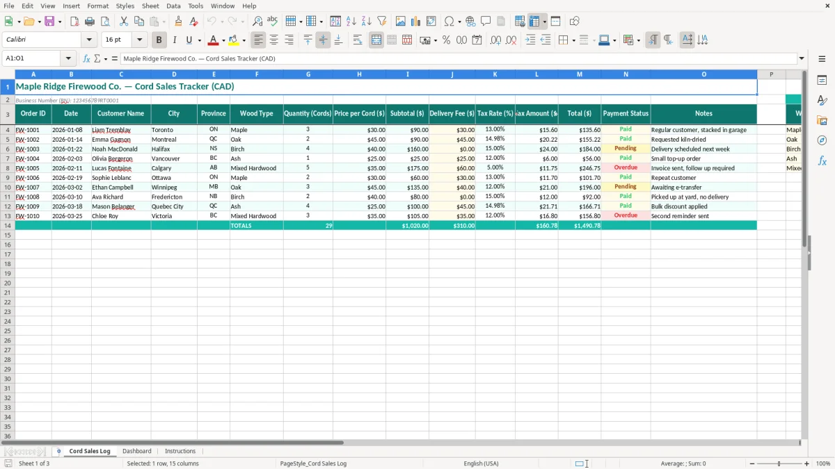 Screenshot 1: Cord Sales Log tab - Excel template firewood cord sales tracker excel spreadsheet canada