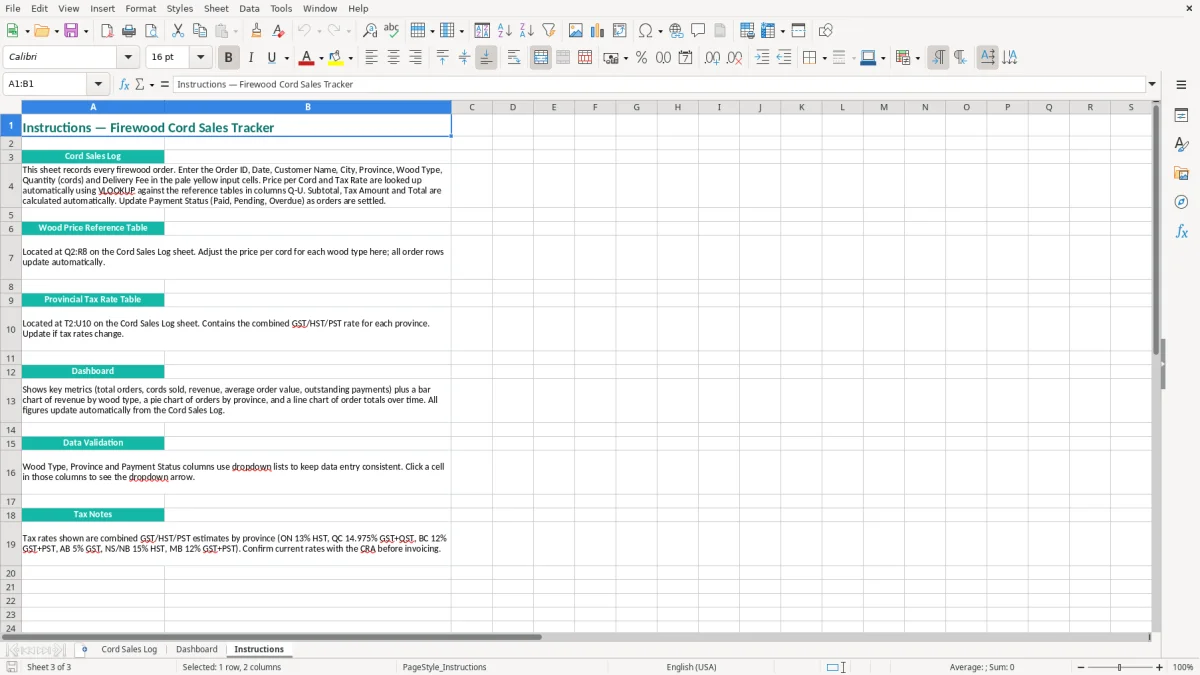 Screenshot 3: Instructions tab - Excel template firewood cord sales tracker excel spreadsheet canada