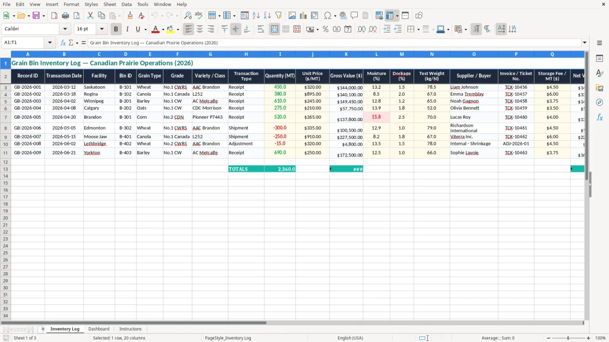 Screenshot 1: Inventory Log tab - Excel template grain bin inventory tracker excel template canada