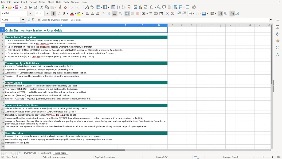 Screenshot 3: Instructions tab - Excel template grain bin inventory tracker excel template canada