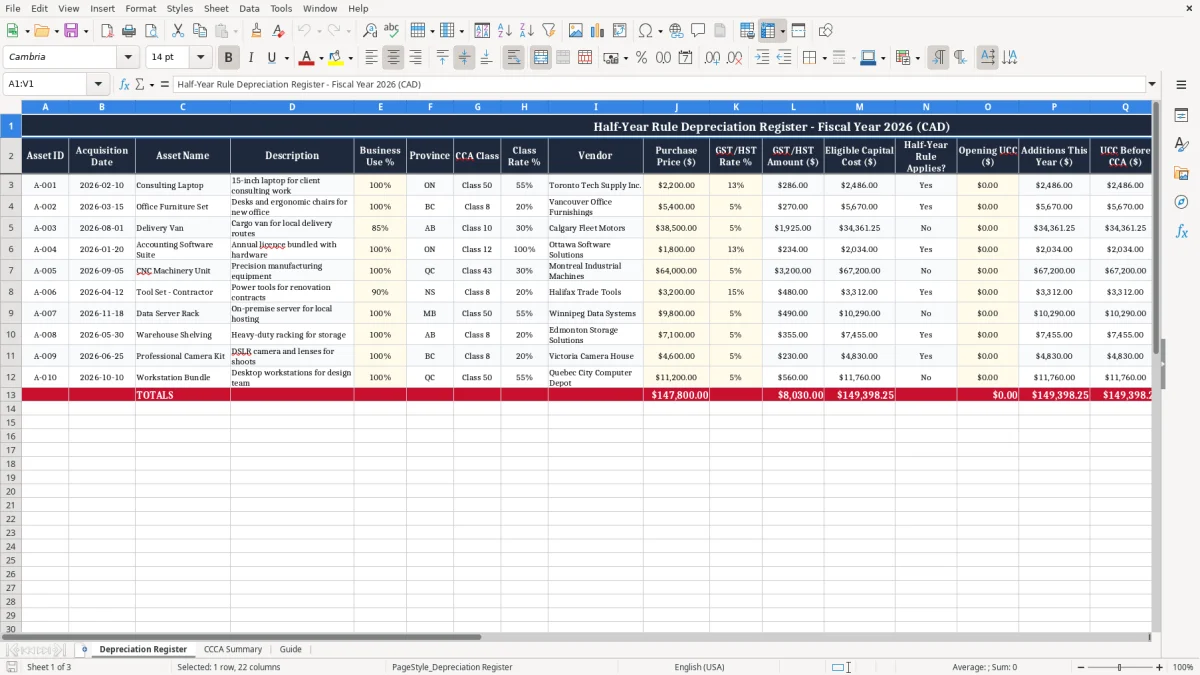 Screenshot 1: Depreciation Register tab - Excel template half year rule depreciation excel template canada