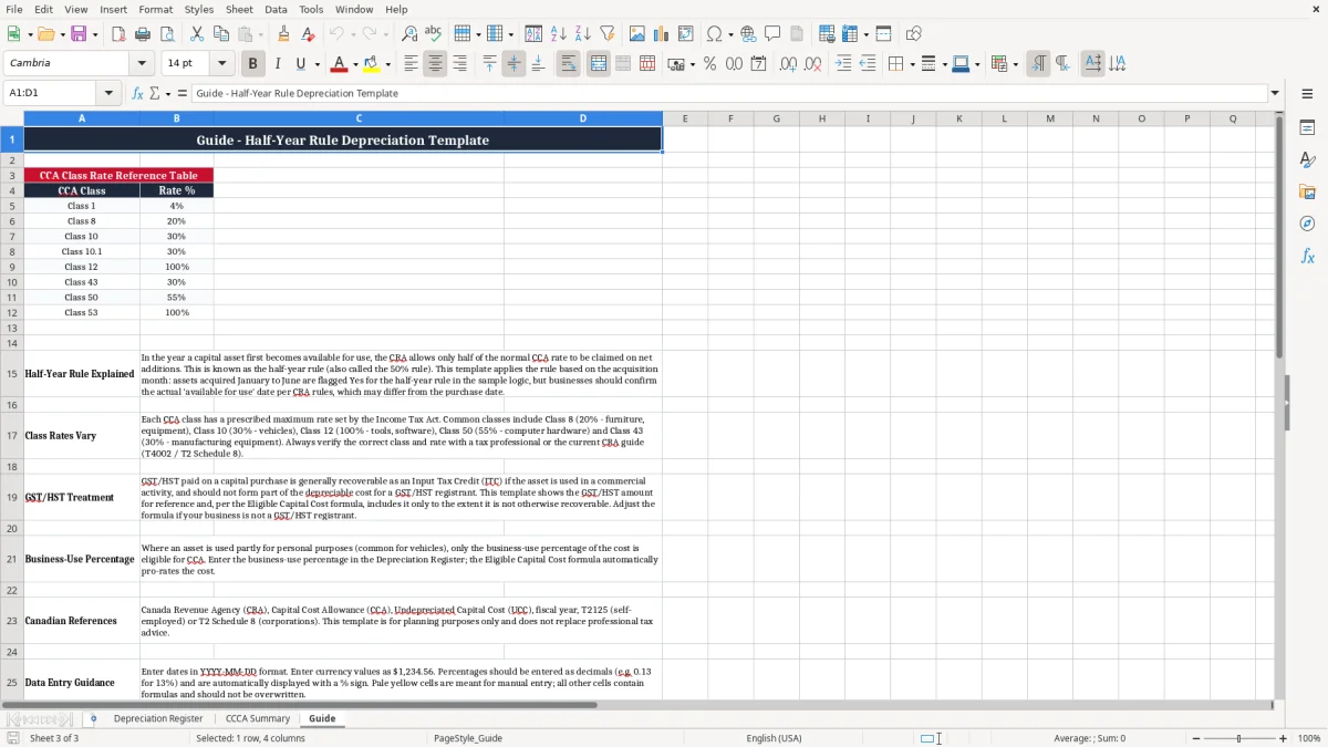 Screenshot 3: Guide tab - Excel template half year rule depreciation excel template canada