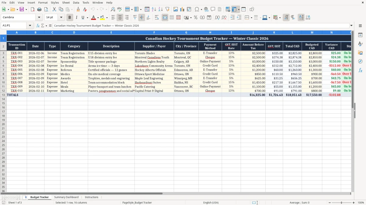 Screenshot 1: Budget Tracker tab - Excel template hockey tournament budget excel spreadsheet canada