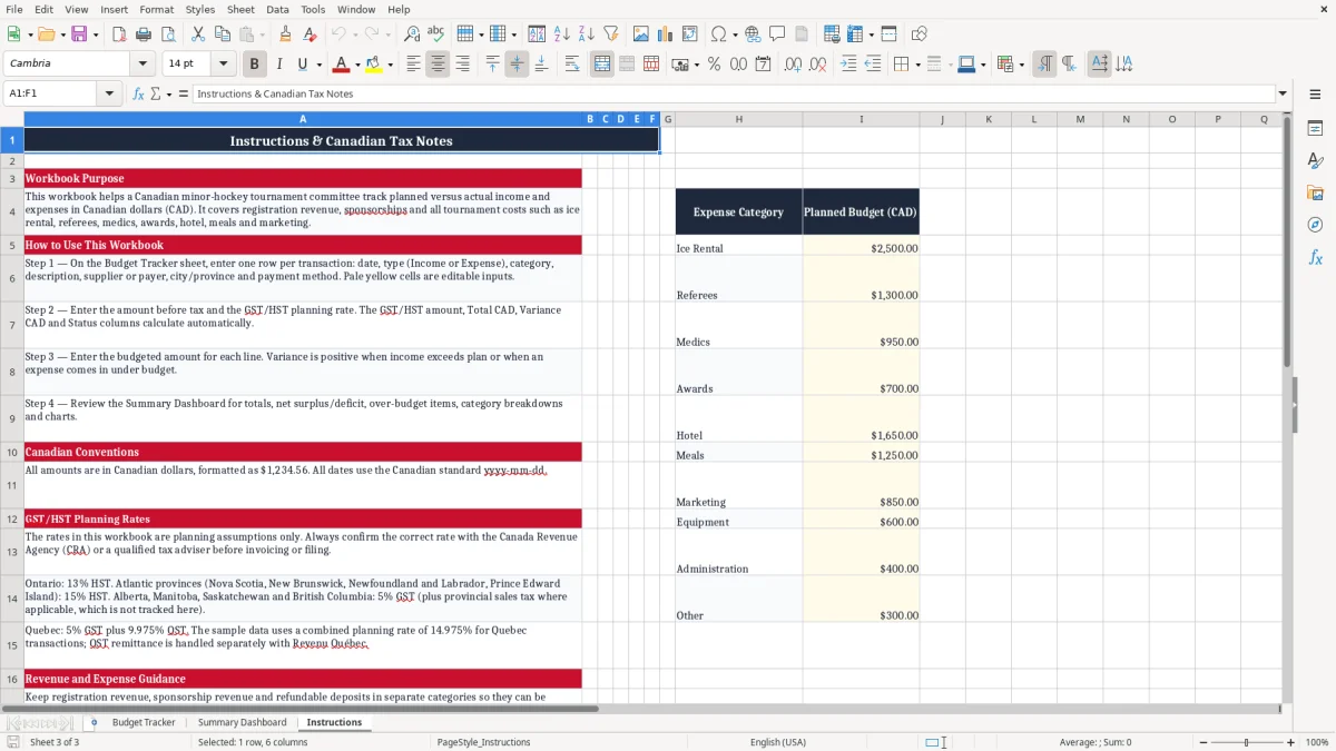 Screenshot 3: Instructions tab - Excel template hockey tournament budget excel spreadsheet canada