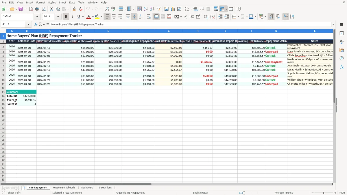 Screenshot 1: HBP Repayment tab - Excel template home buyers plan repayment excel template canada