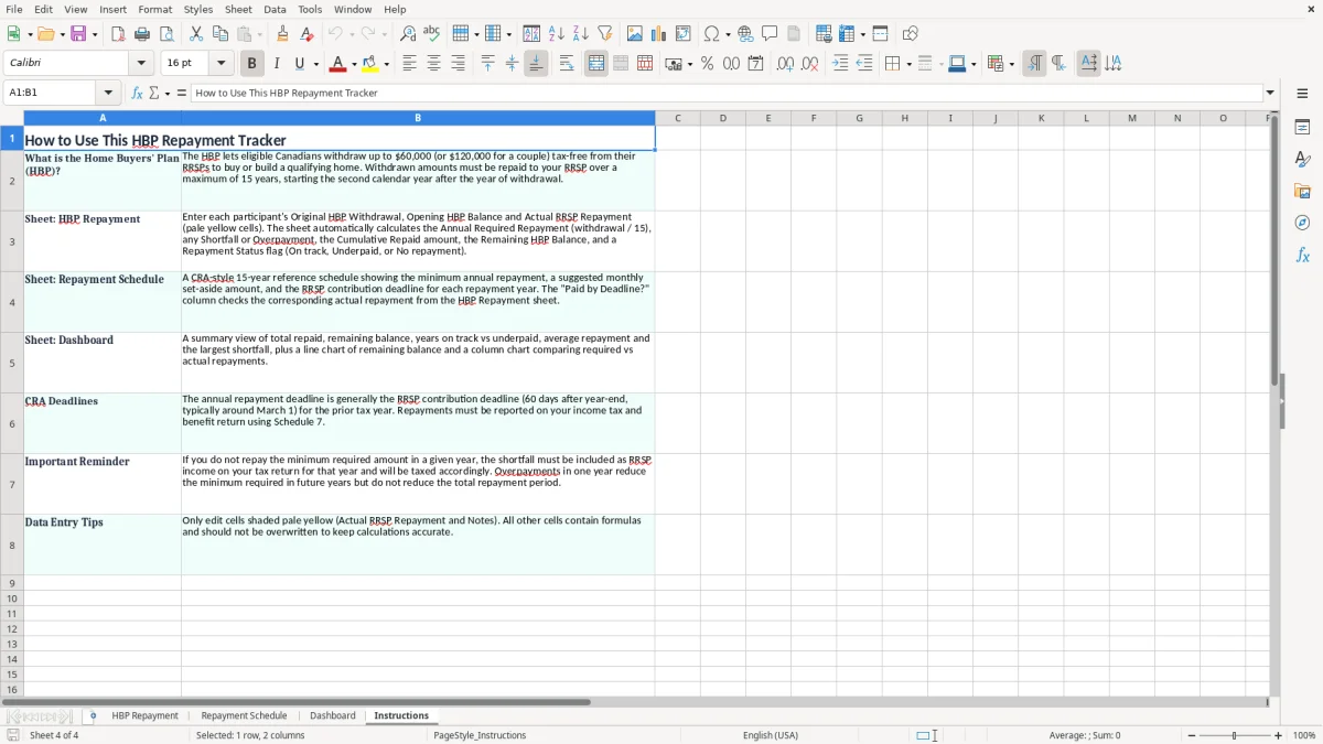 Screenshot 4: Instructions tab - Excel template home buyers plan repayment excel template canada