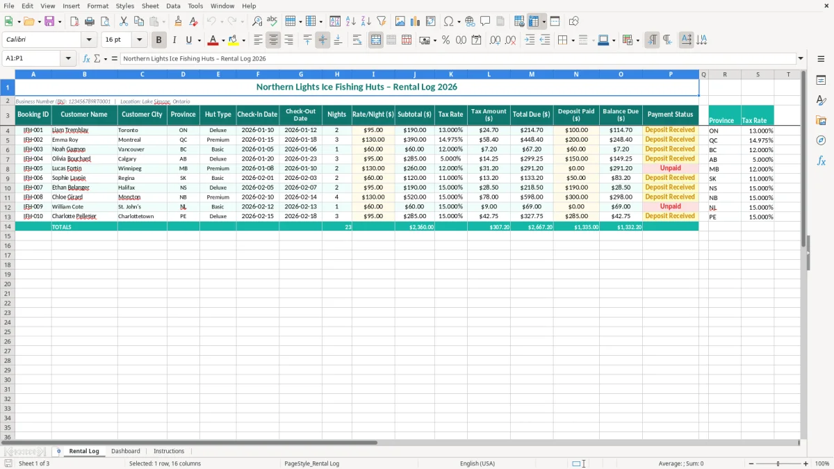 Screenshot 1: Rental Log tab - Excel template ice fishing hut rental log excel spreadsheet canada