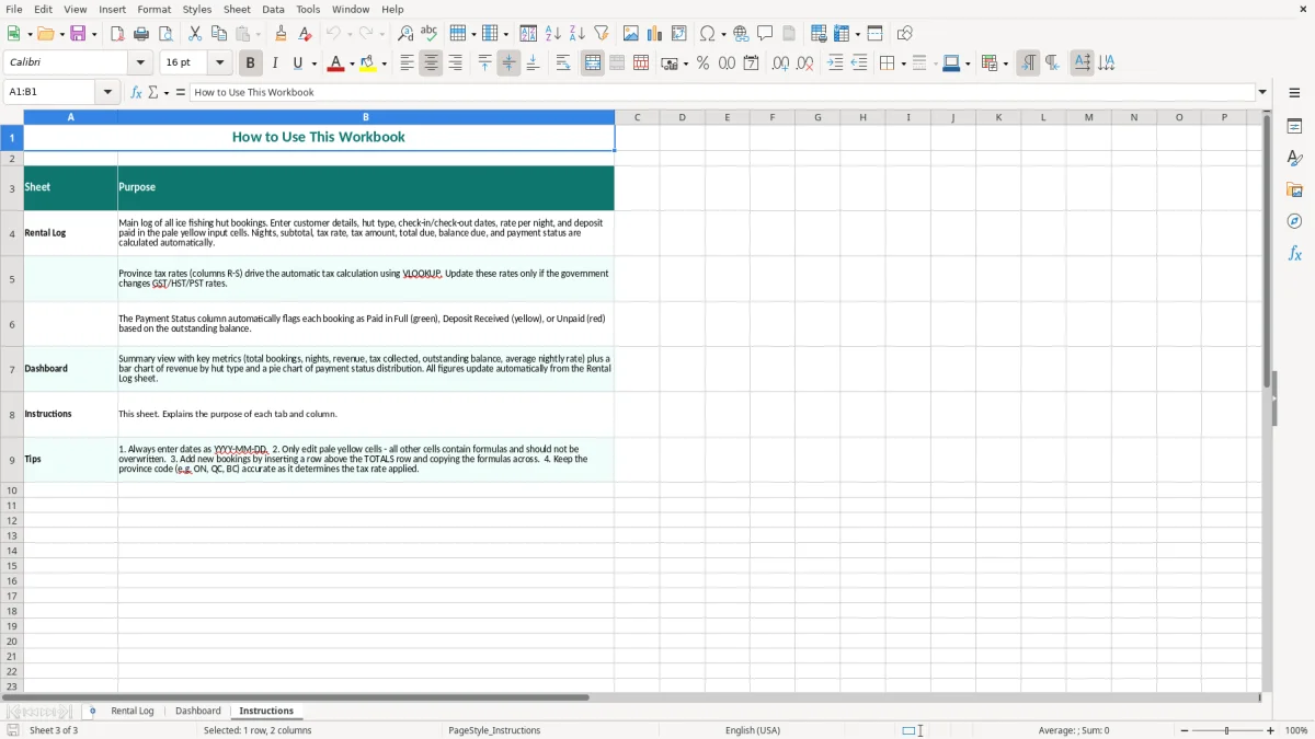 Screenshot 3: Instructions tab - Excel template ice fishing hut rental log excel spreadsheet canada