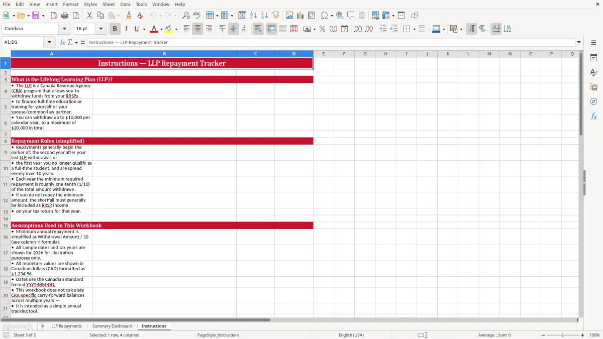 Screenshot 3: Instructions tab - Excel template lifelong learning plan repayment excel spreadsheet canada