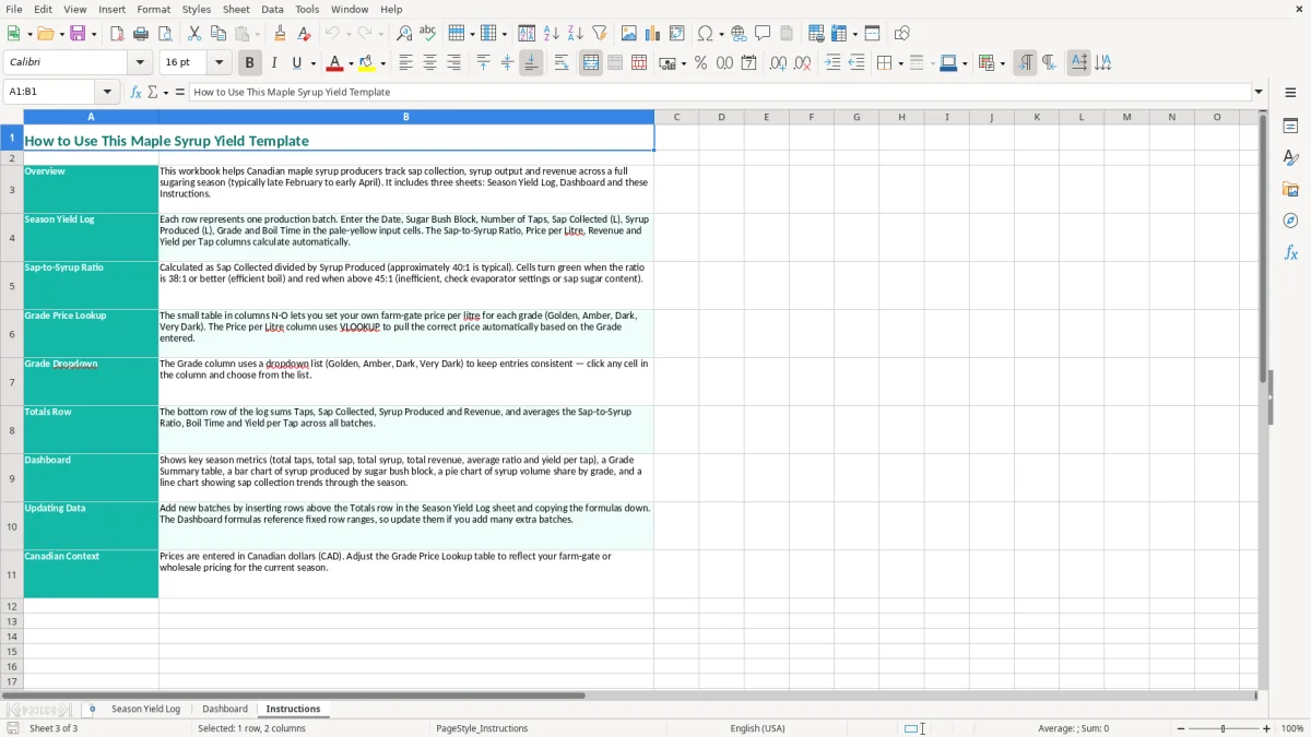 Screenshot 3: Instructions tab - Excel template maple syrup season yield excel template canada