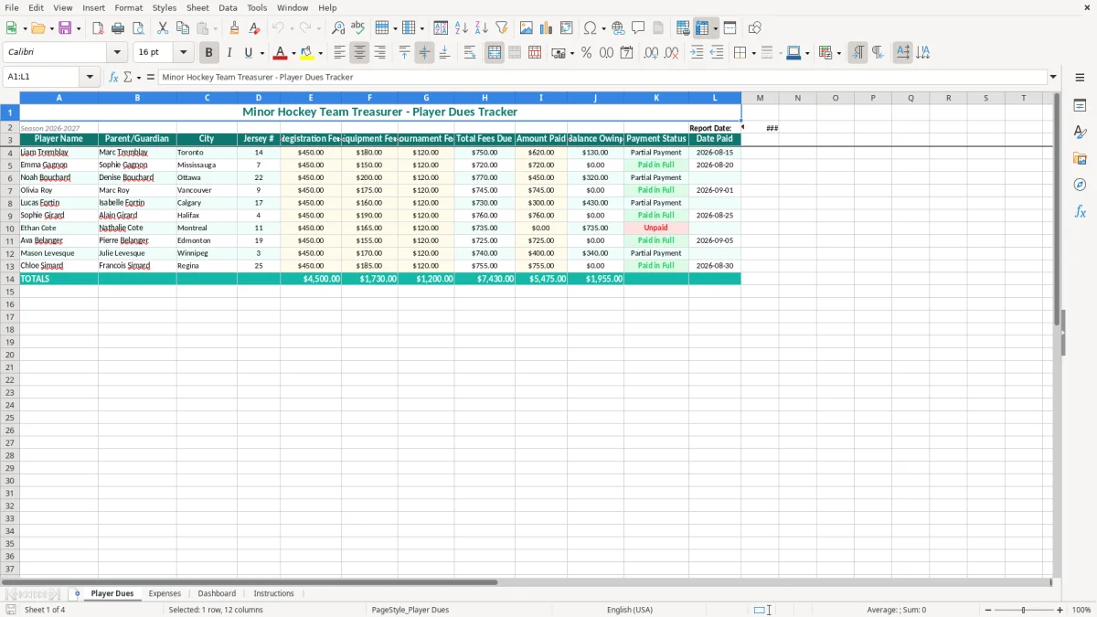 Screenshot 1: Player Dues tab - Excel template minor hockey team treasurer excel template canada