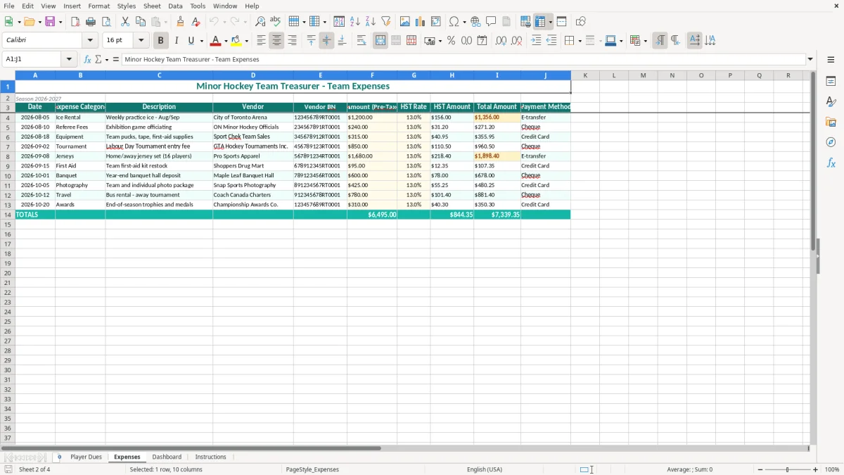 Screenshot 2: Expenses tab - Excel template minor hockey team treasurer excel template canada