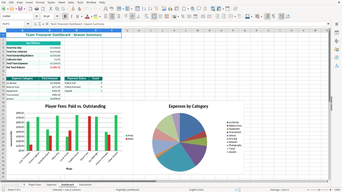 Screenshot 3: Dashboard tab - Excel template minor hockey team treasurer excel template canada