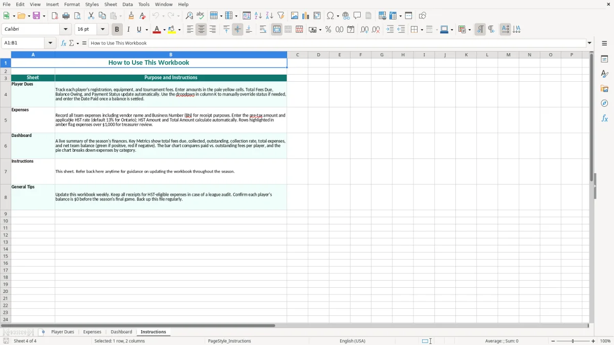 Screenshot 4: Instructions tab - Excel template minor hockey team treasurer excel template canada