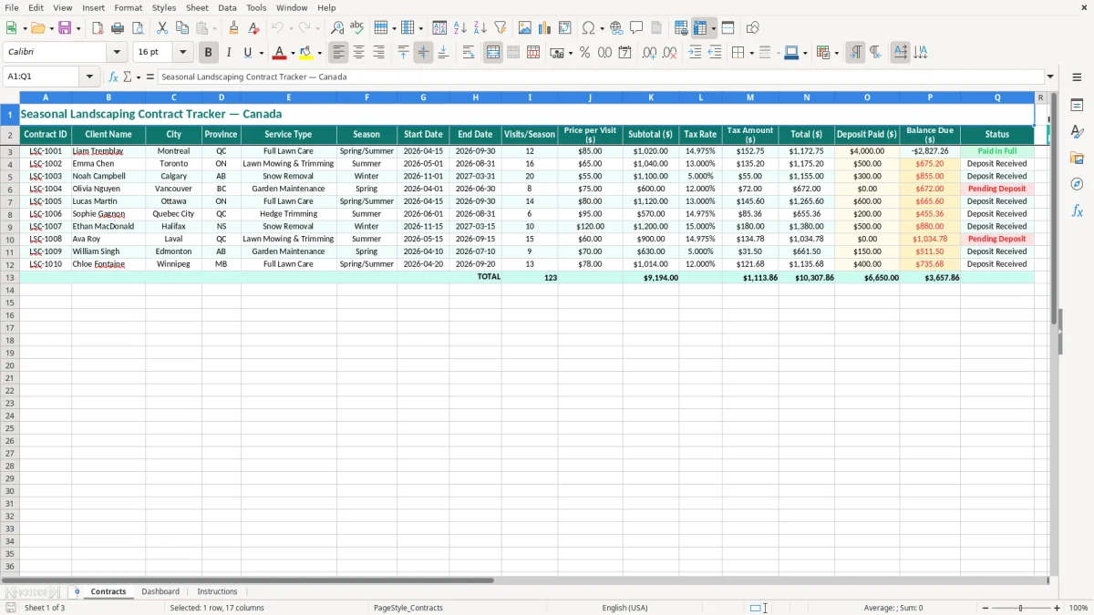 Screenshot 1: Contracts tab - Excel template seasonal landscaping contract excel template canada