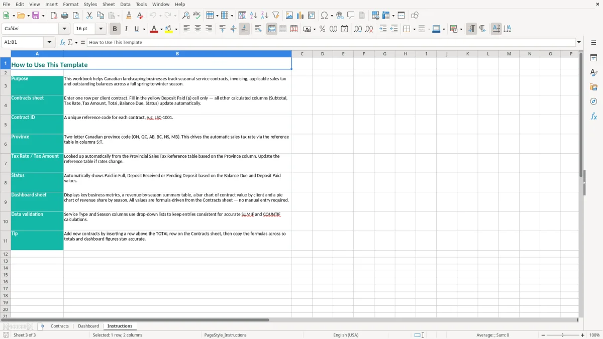 Screenshot 3: Instructions tab - Excel template seasonal landscaping contract excel template canada