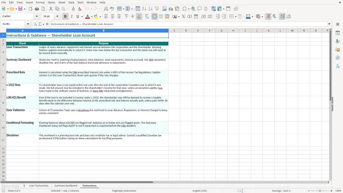 Screenshot 3: Instructions tab - Excel template shareholder loan account excel spreadsheet canada