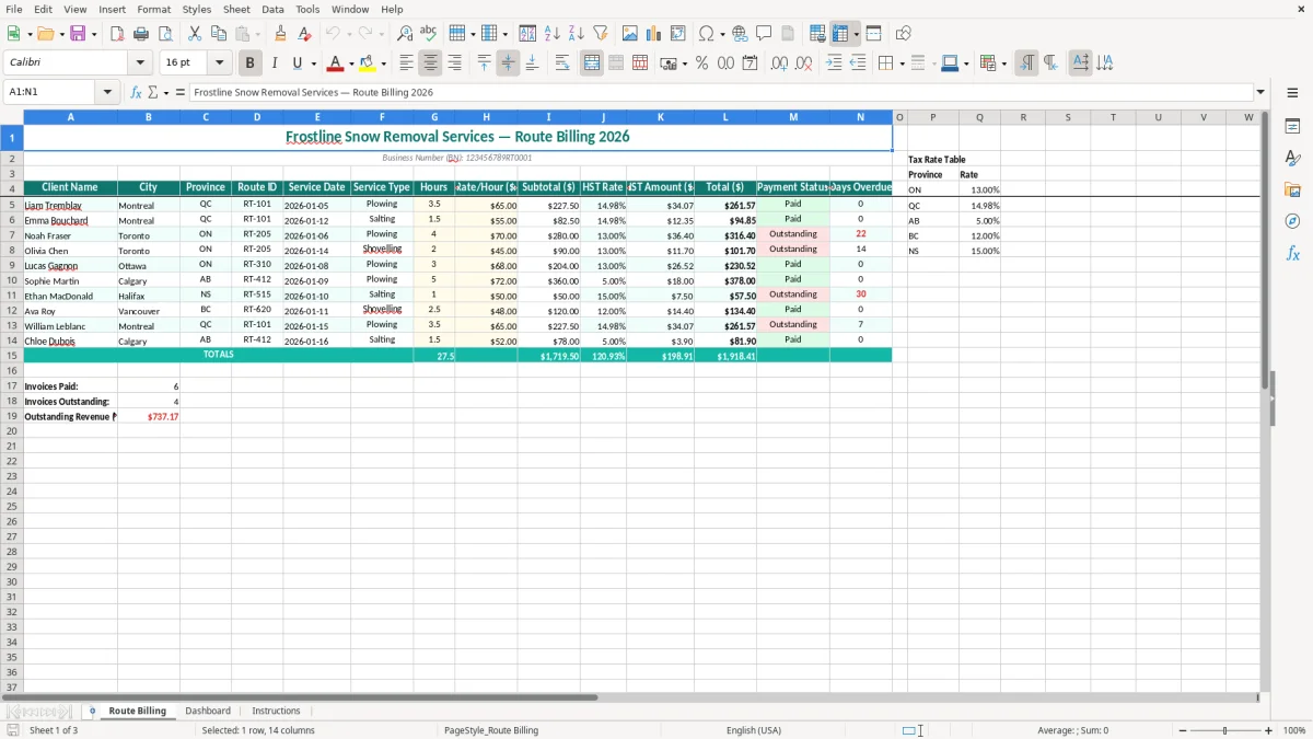 Screenshot 1: Route Billing tab - Excel template snow removal route billing excel spreadsheet canada