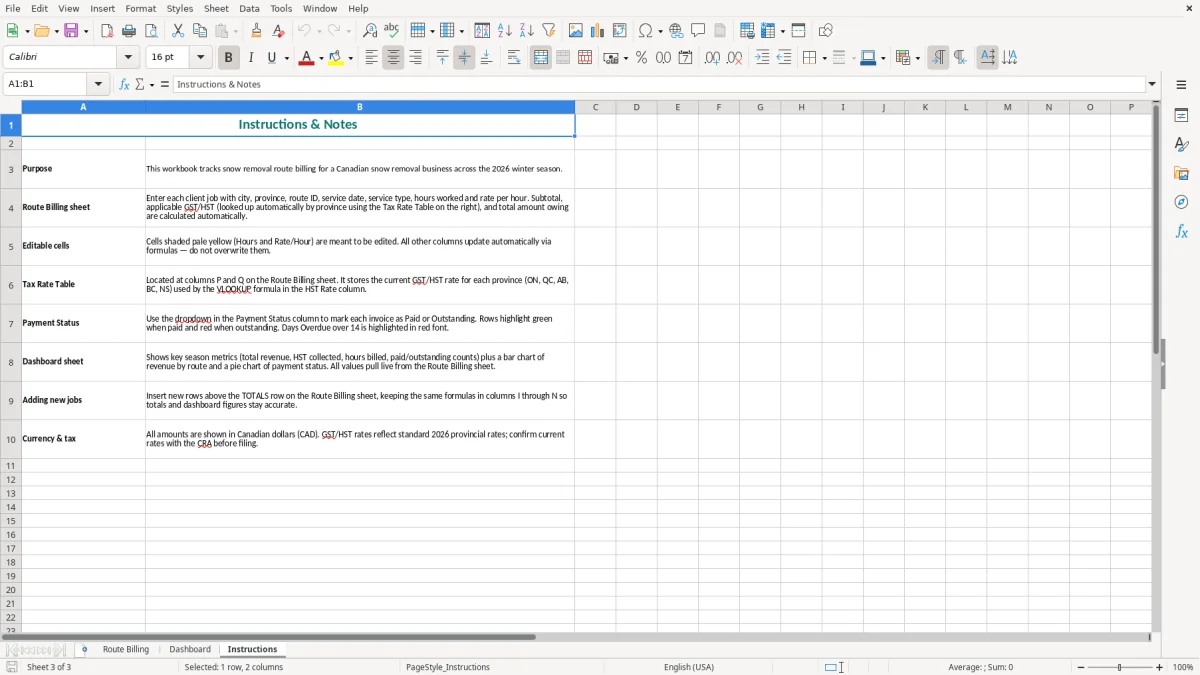 Screenshot 3: Instructions tab - Excel template snow removal route billing excel spreadsheet canada