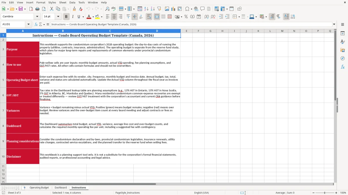 Screenshot 3: Instructions tab - Excel template condo board operating budget excel template canada