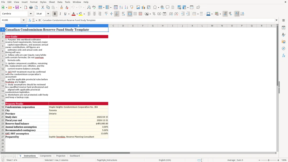 Screenshot 1: Instructions tab - Excel template condo reserve fund study excel template canada