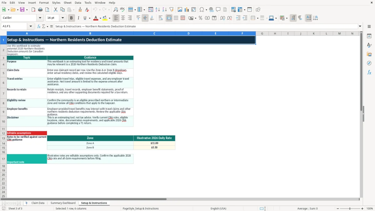 Screenshot 3: Setup & Instructions tab - Excel template northern residents deduction excel spreadsheet canada
