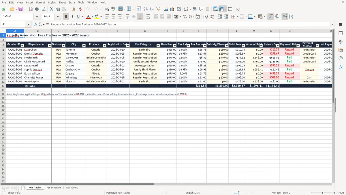 Screenshot 1: Fee Tracker tab - Excel template ringette association fees tracker excel spreadsheet canada