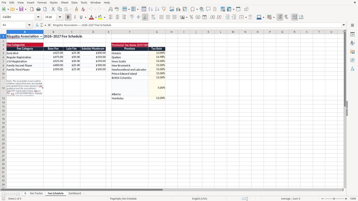 Screenshot 2: Fee Schedule tab - Excel template ringette association fees tracker excel spreadsheet canada