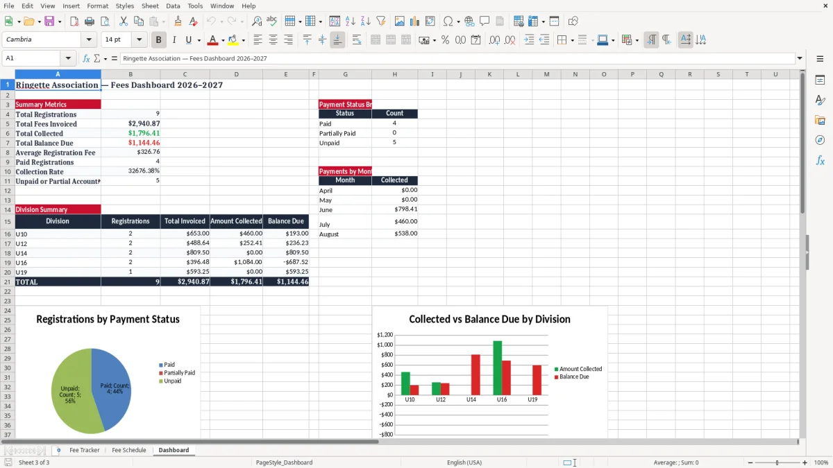 Screenshot 3: Dashboard tab - Excel template ringette association fees tracker excel spreadsheet canada