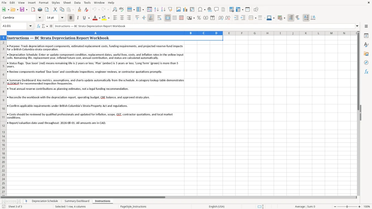 Screenshot 3: Instructions tab - Excel template strata depreciation report bc excel spreadsheet canada